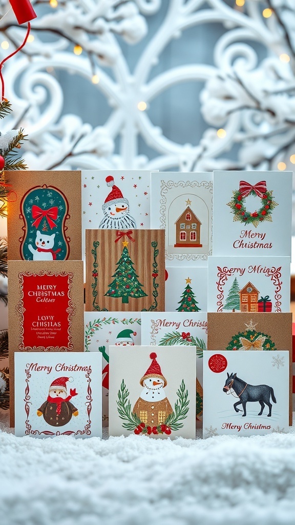 A collection of creative Christmas card layouts with festive designs and colors.